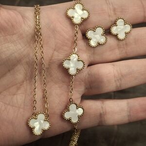 18K Gold Plated White Alhambra Motifs Clover Earrings Bracelet & Necklace Set